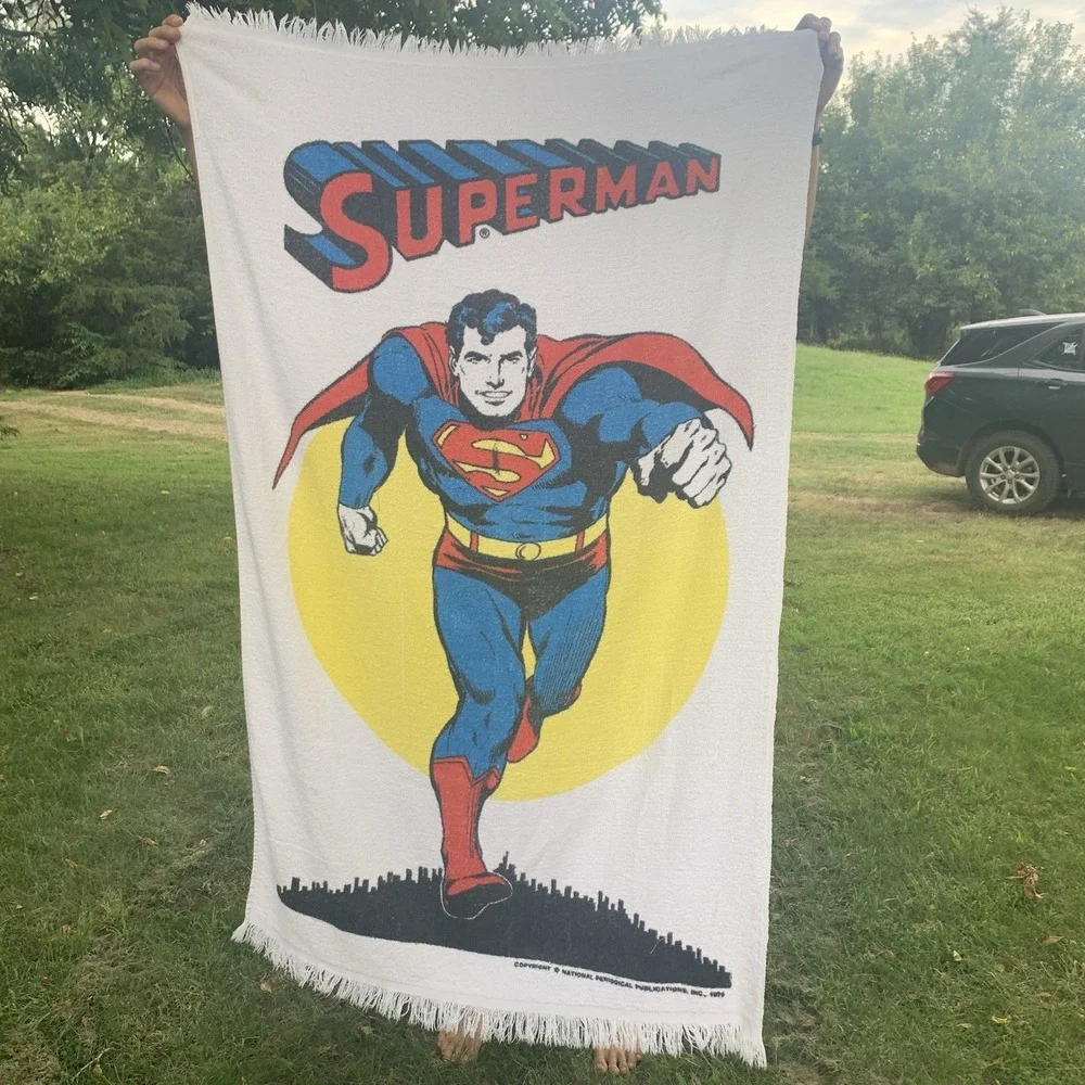Vintage 1970s DC Comics Superman White Decorative Beach Towel 34x54 Cotton Hero